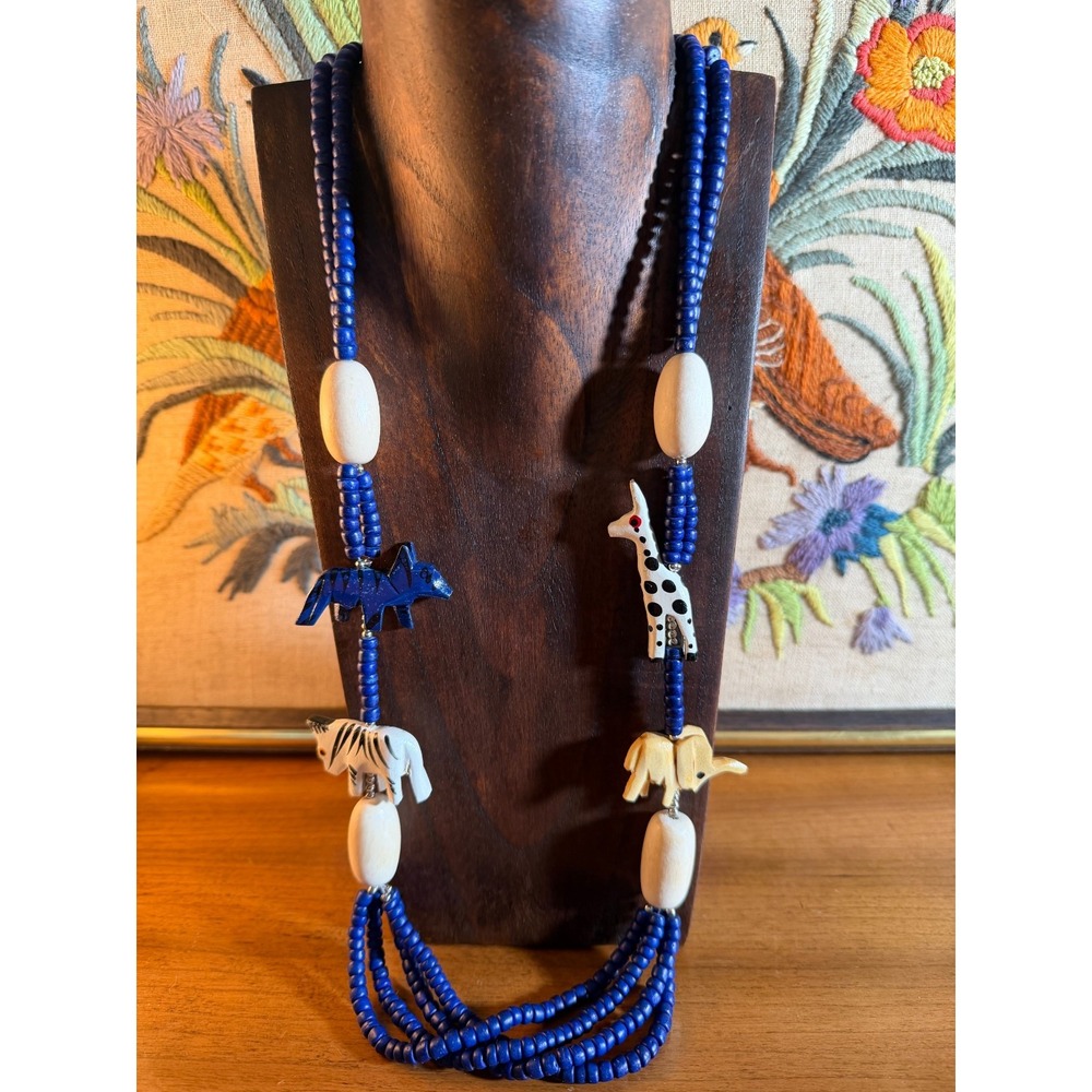 Statement Necklace - Wooden Beads with Safari Animals